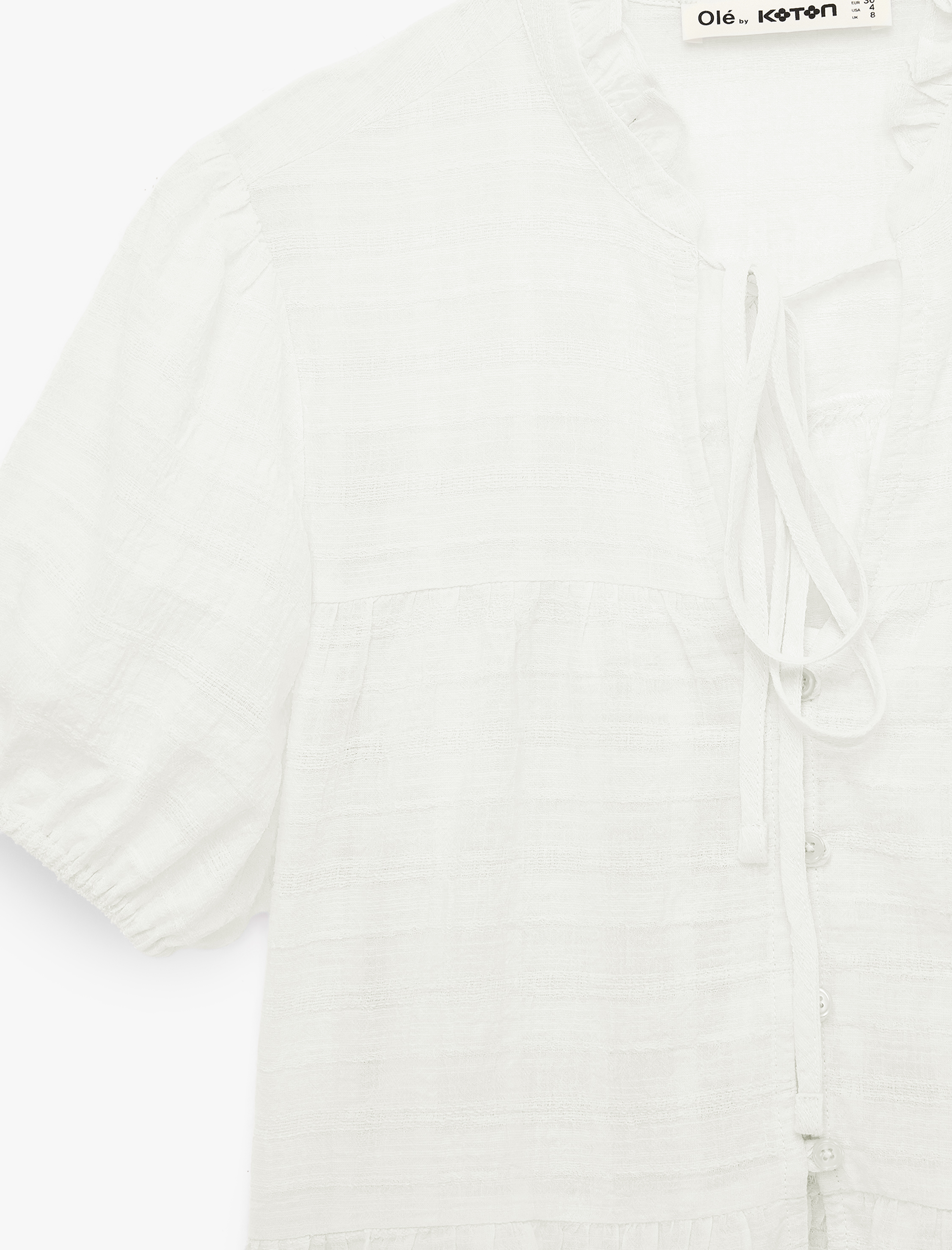   Pamuklu Düğmeli Bağlamalı Yaka Kısa Balon Kol Bluz