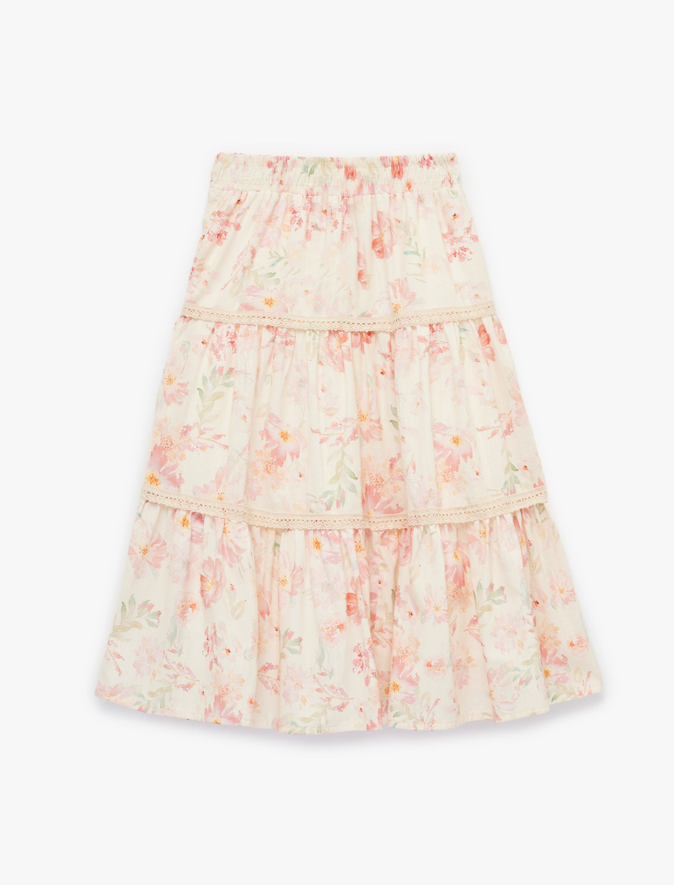  Kız Çocuk Pamuklu Çiçek Desenli Katlı Volanlı A Kesim Uzun Etek