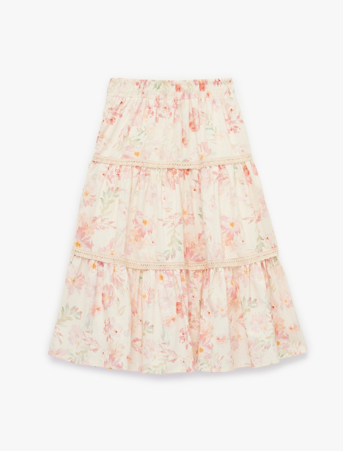 Kız Çocuk Pamuklu Çiçek Desenli Katlı Volanlı A Kesim Uzun Etek