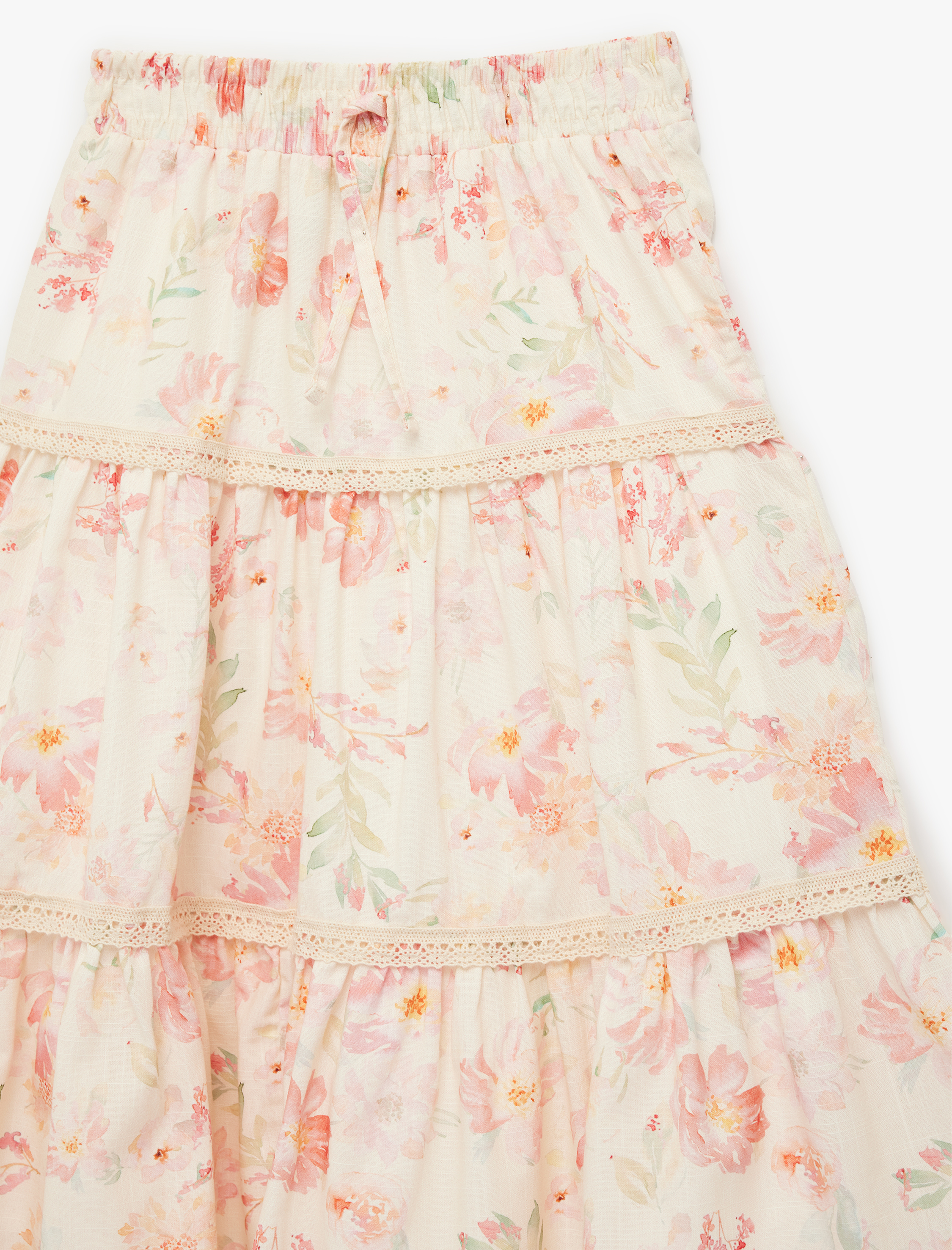  Kız Çocuk Pamuklu Çiçek Desenli Katlı Volanlı A Kesim Uzun Etek