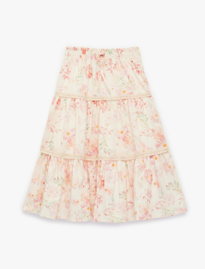 Kız Çocuk Pamuklu Çiçek Desenli Katlı Volanlı A Kesim Uzun Etek