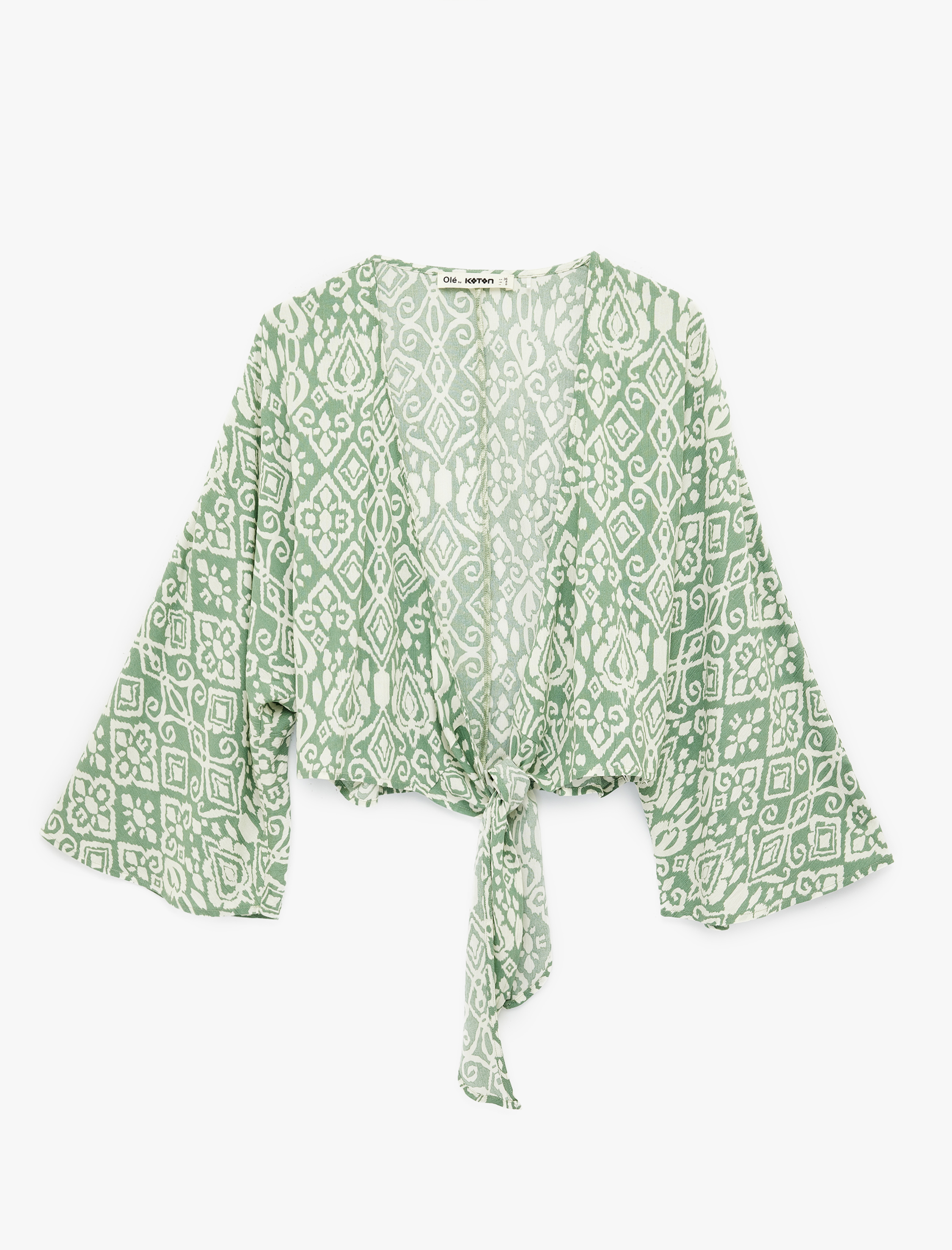   Kruvaze Yaka Uzun Kollu Bağlama Detaylı Viskon Kimono