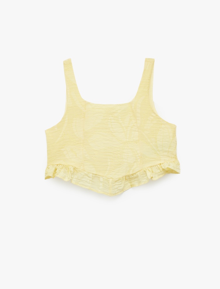 Kız Çocuk Viskon Kare Yaka Fırfır Detaylı Kolsuz Crop Bluz