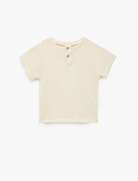 Düğmeli Kısa Kollu Dokulu Bisiklet Yaka Pamuklu Oversize Tişört