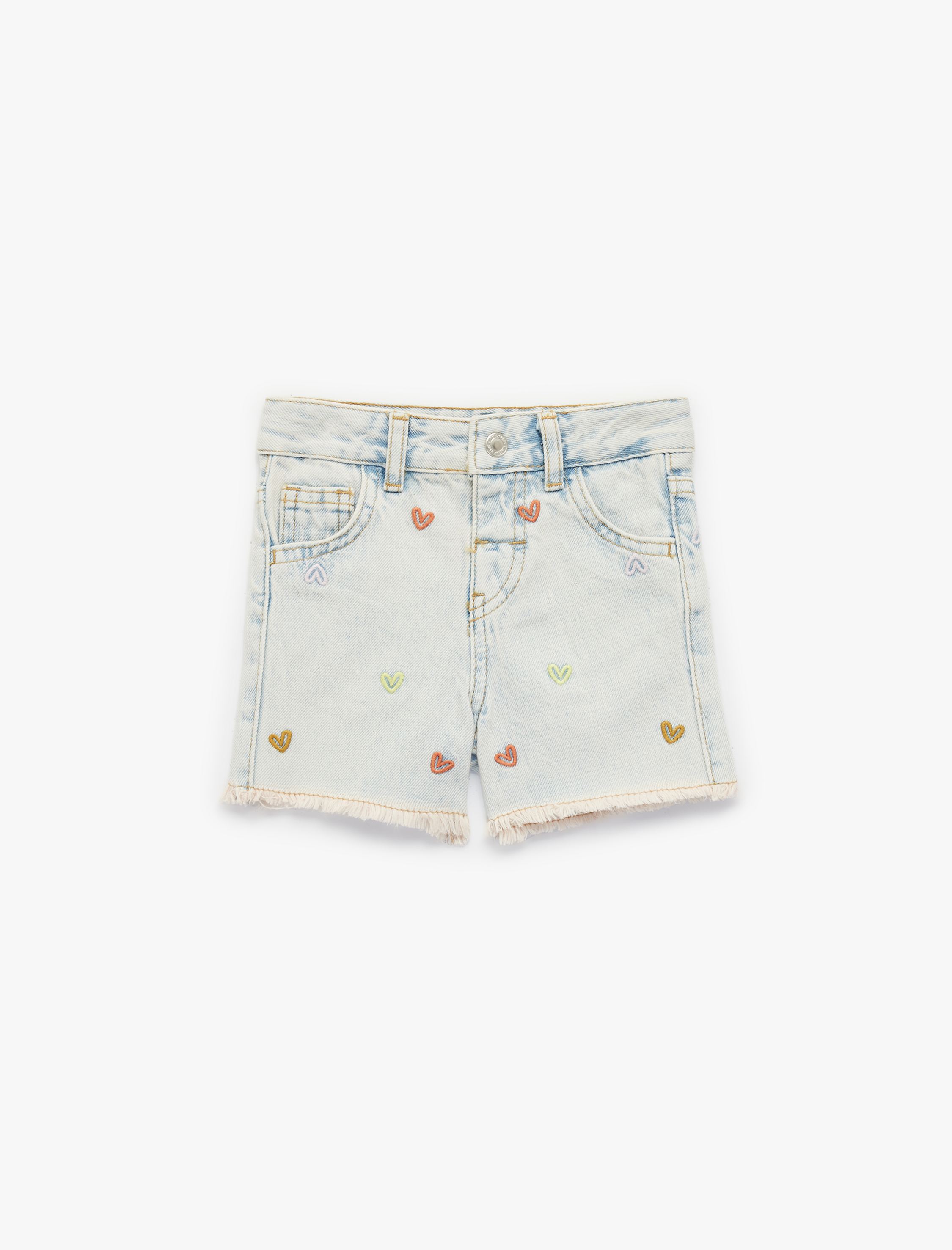  Kız Bebek Kalp Nakışlı Paça Detaylı Pamuklu Denim Şort
