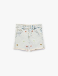 Kalp Nakışlı Paça Detaylı Pamuklu Denim Şort