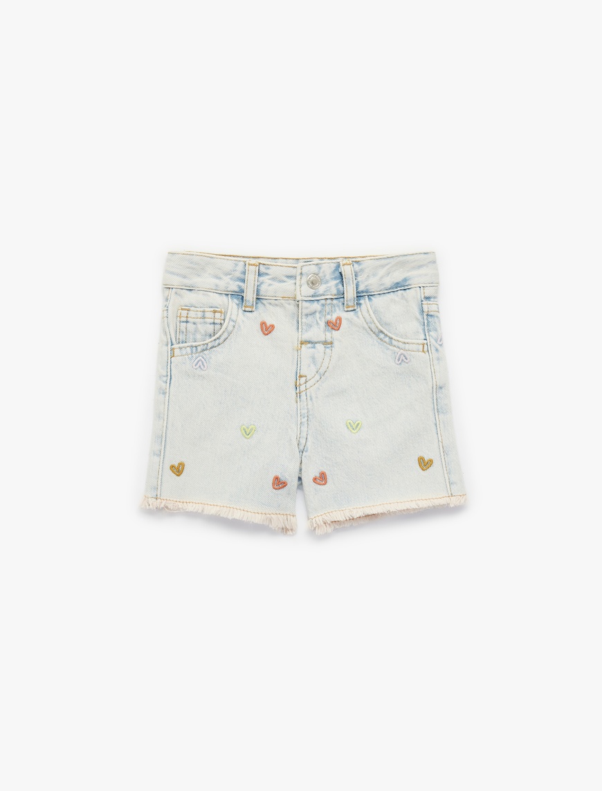 Koton Kız Bebek Kalp Nakışlı Paça Detaylı Pamuklu Denim Şort