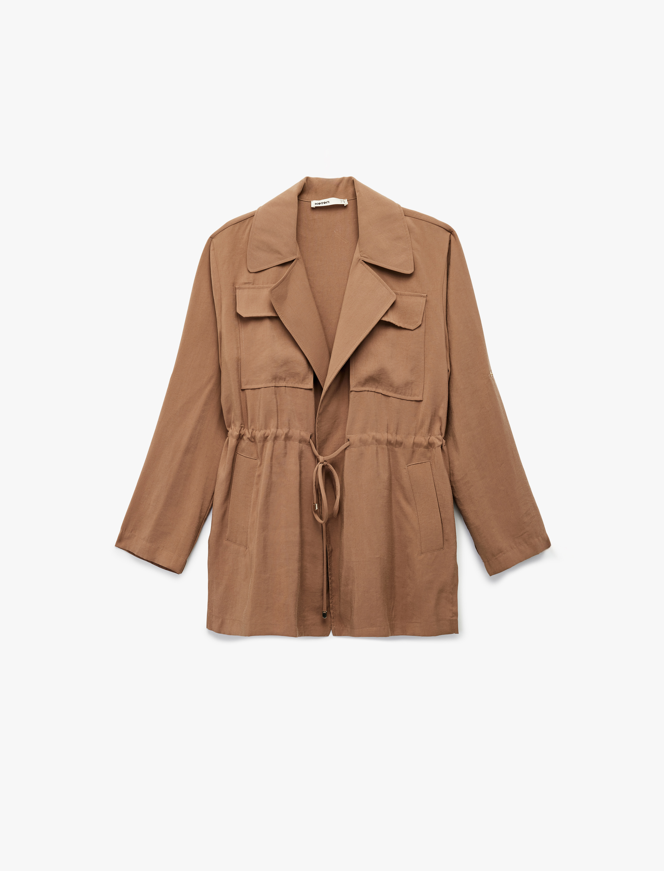   Modal Kumaş Uzun Kollu Kapaklı Cep Detaylı Bağlama Detaylı Oversize Ceket