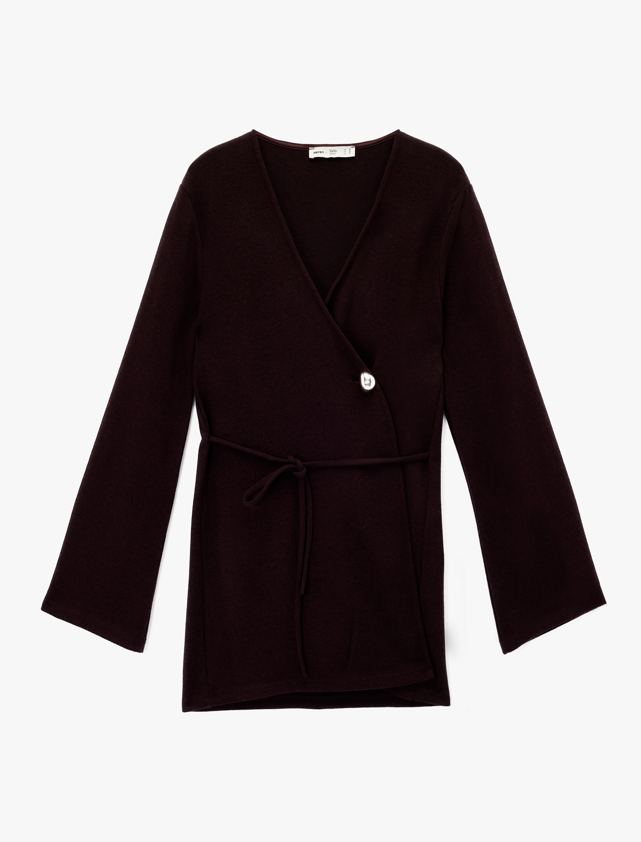   Koton X Melis Ağazat - Uzun Geniş Kollu Beli Bağcıklı Düğme Detaylı Uzun Kruvaze Hırka