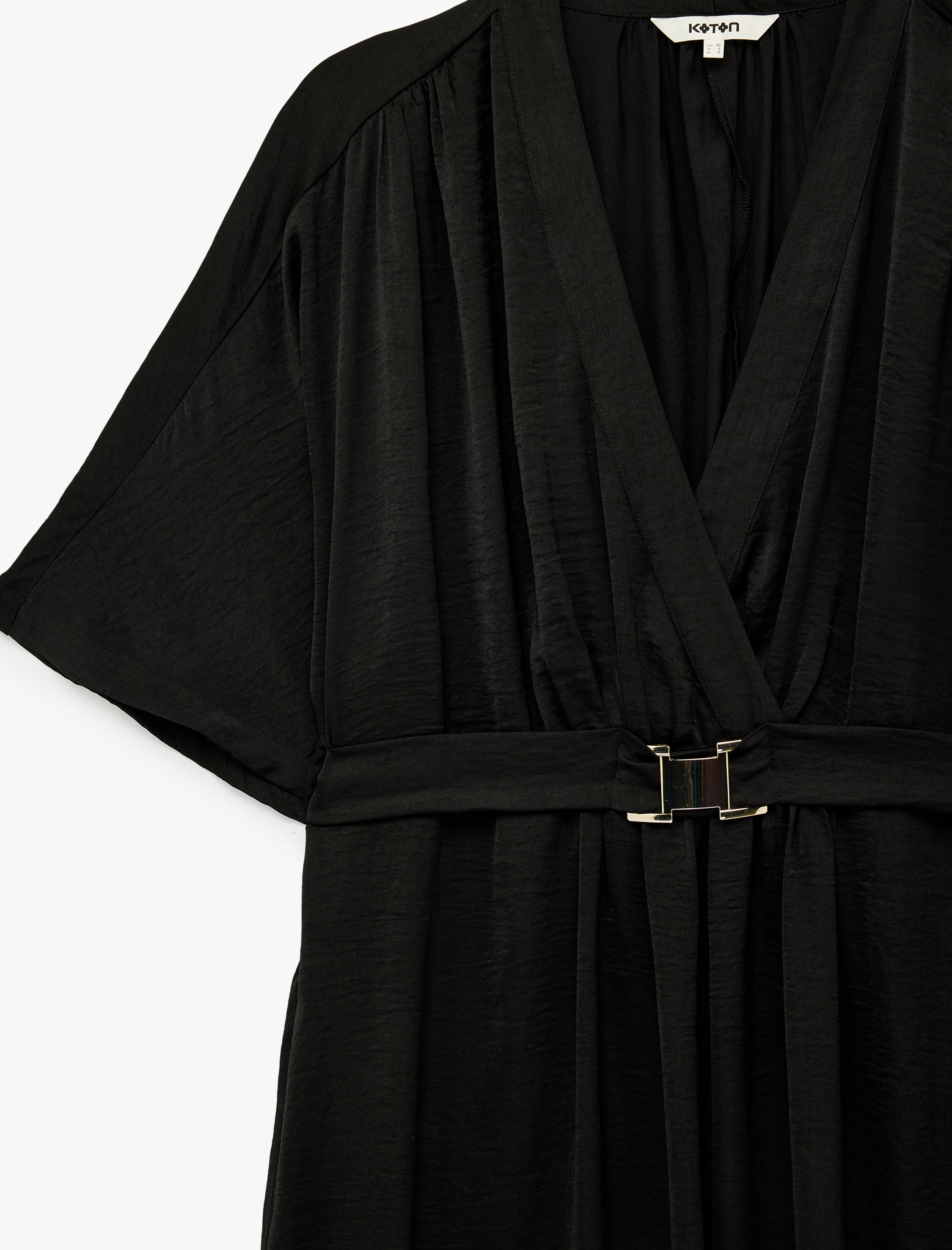 Aerobin Kumaş Kısa Yarasa Kollu Kemerli Kruvaze Midi Saten Elbise - Görsel 5