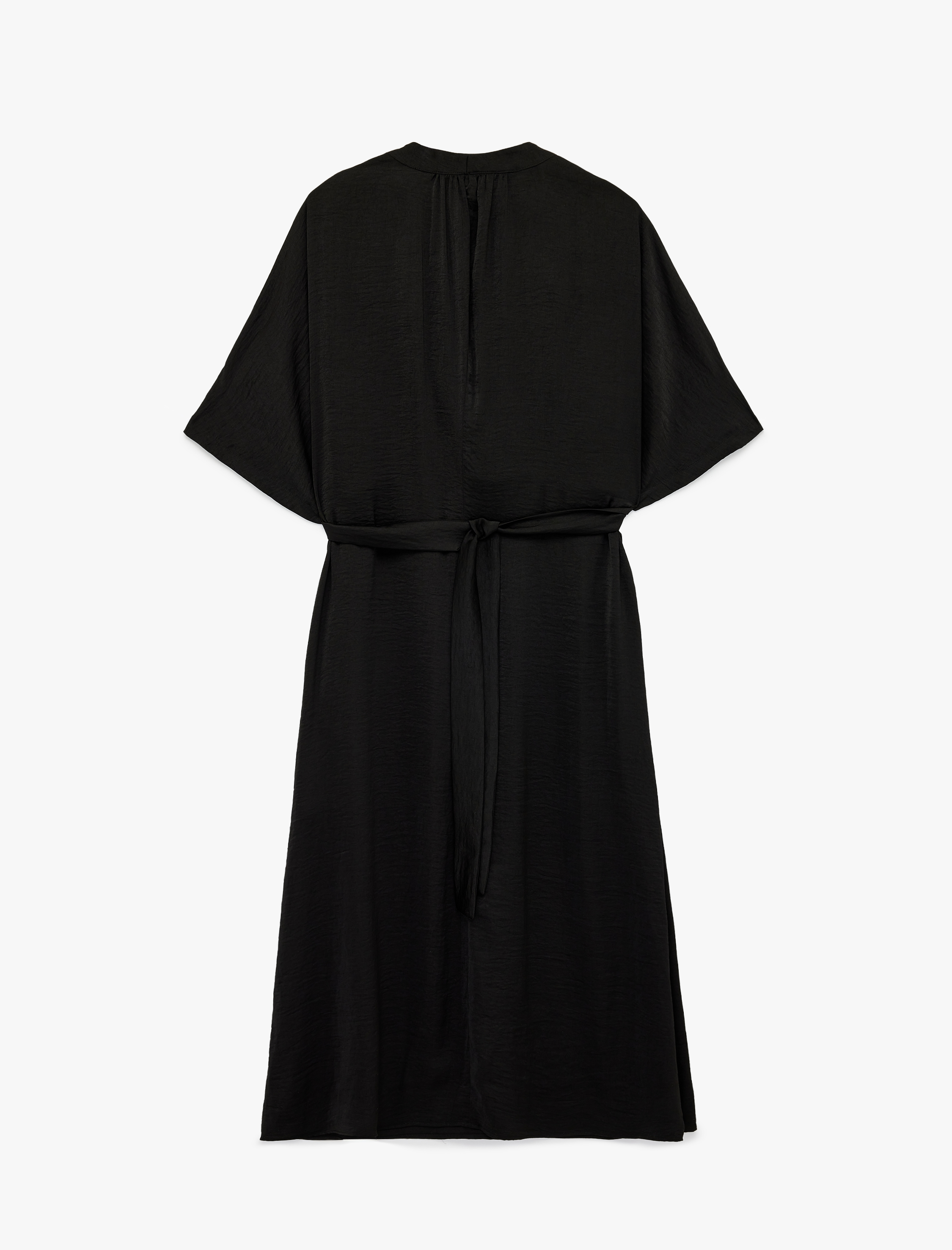 Aerobin Kumaş Kısa Yarasa Kollu Kemerli Kruvaze Midi Saten Elbise - Görsel 4