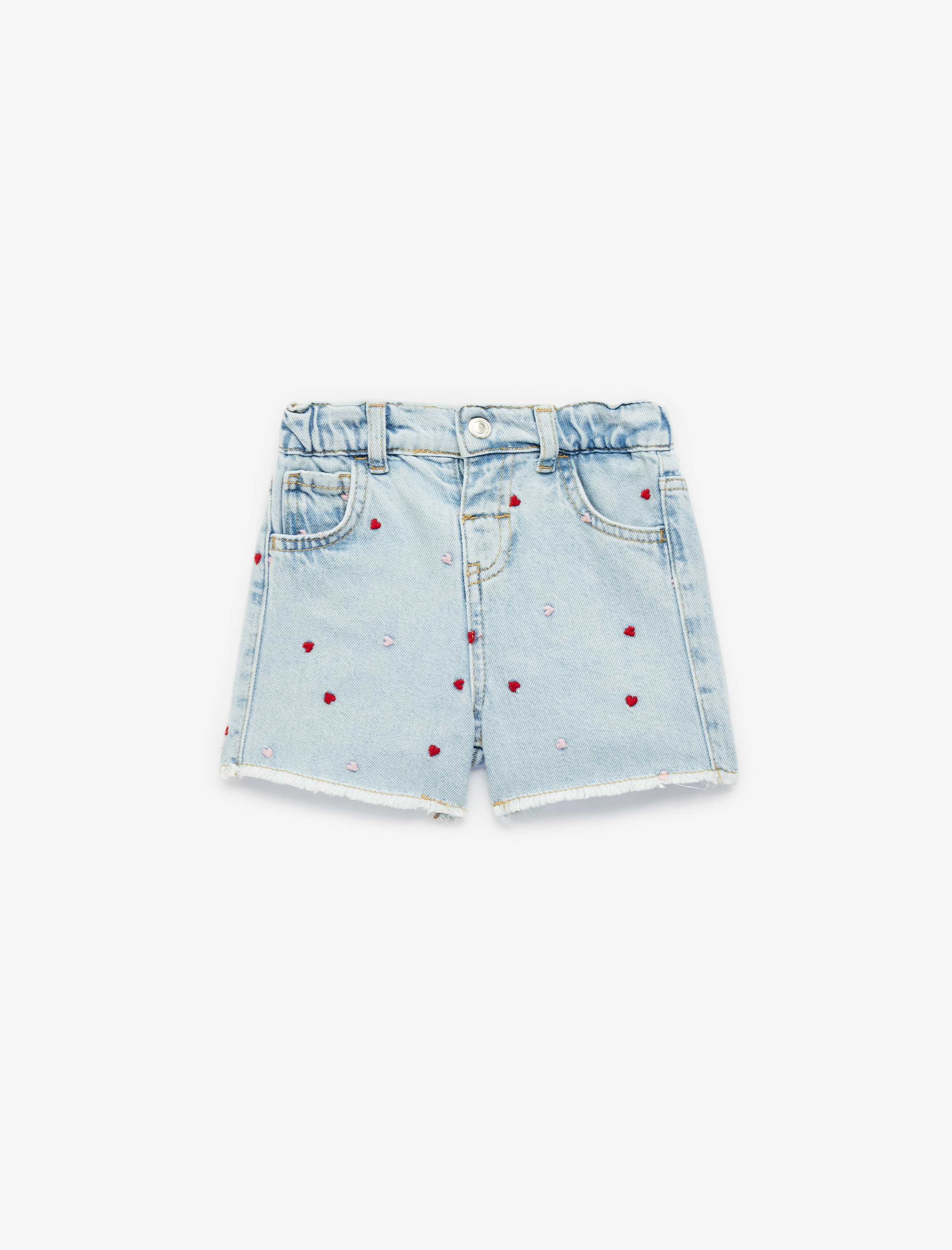  Kız Bebek Pamuklu Cepli Kalpli Nakışlı Denim Şort