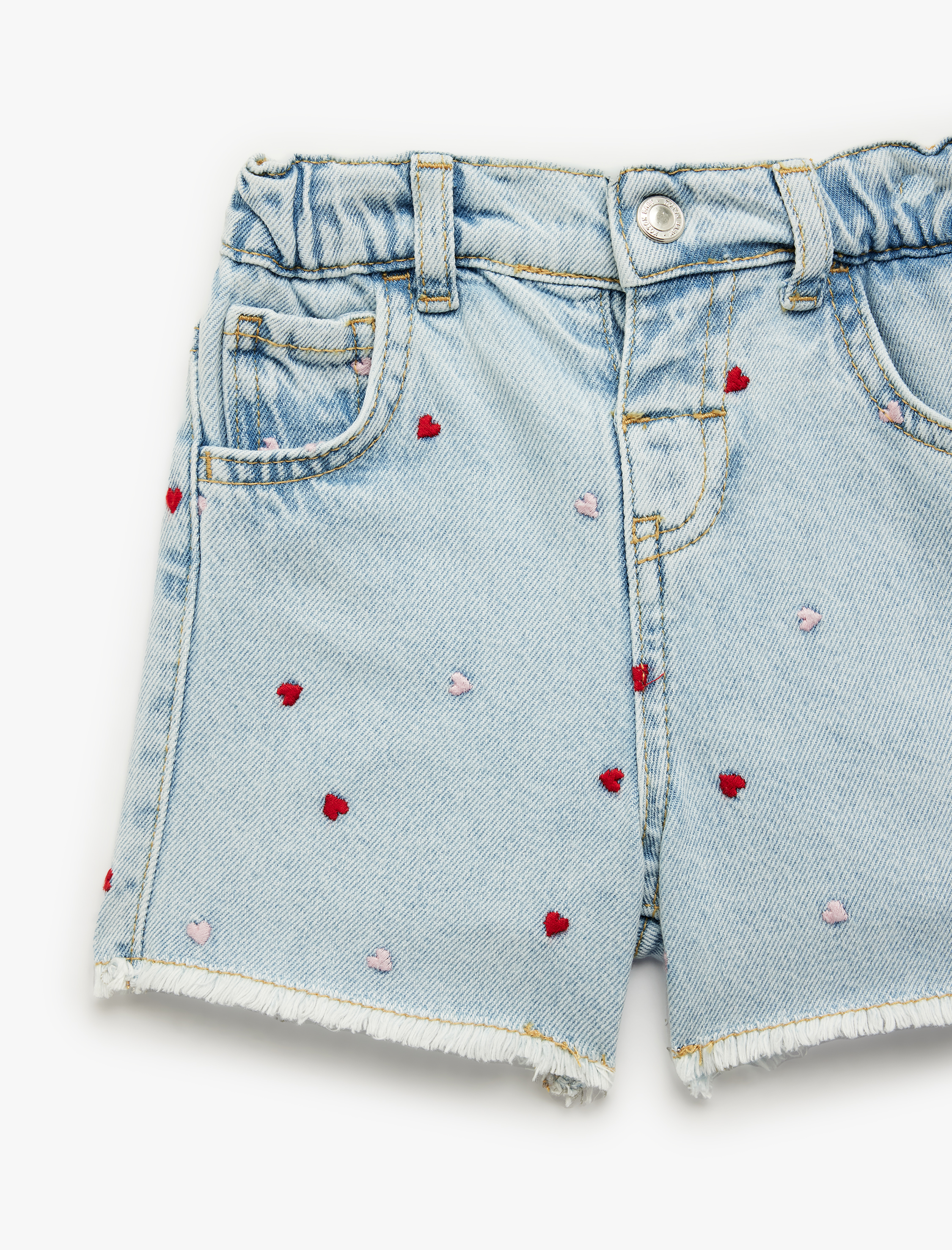  Kız Bebek Pamuklu Cepli Kalpli Nakışlı Denim Şort