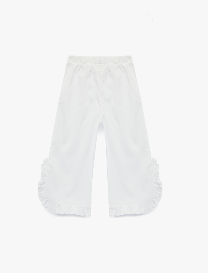 Kız Bebek Beli Lastikli Çiçek Detaylı Pamuklu Poplin Fırfırlı Pantolon