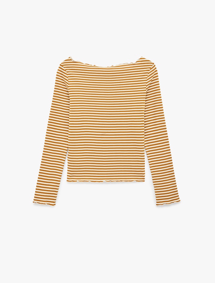  Uzun Kollu Pamuklu Kayık Yaka Çizgili Tişört