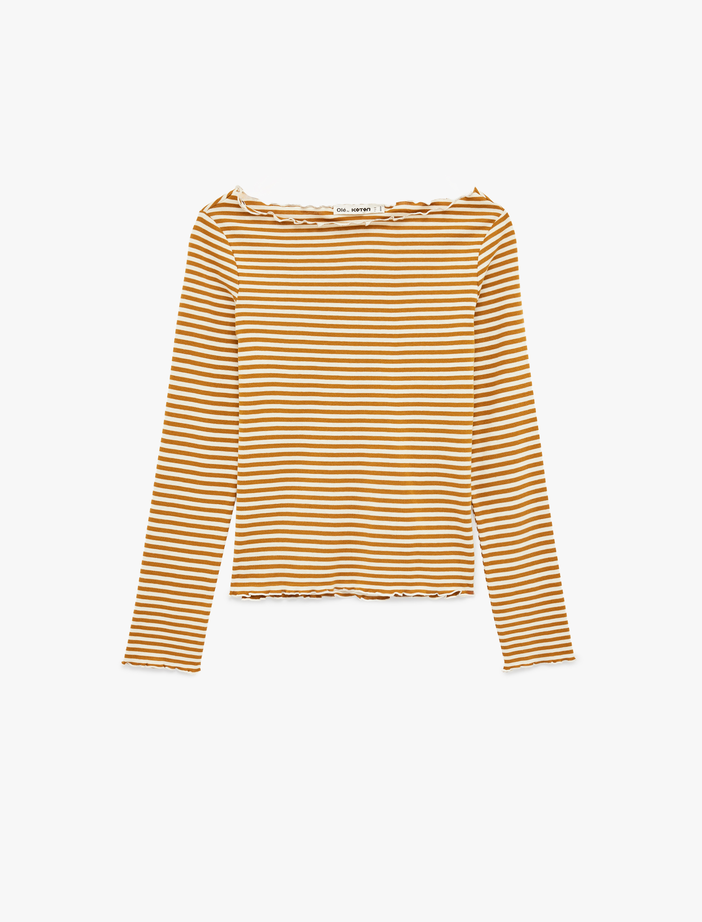   Uzun Kollu Pamuklu Kayık Yaka Çizgili Tişört