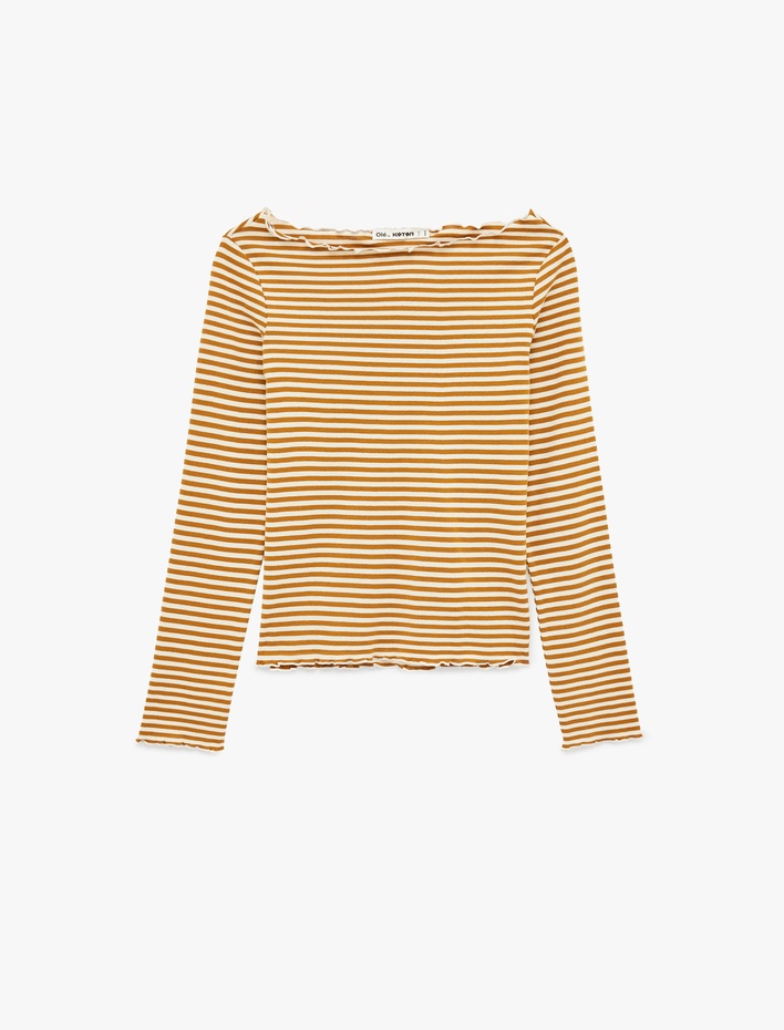  Uzun Kollu Pamuklu Kayık Yaka Çizgili Tişört