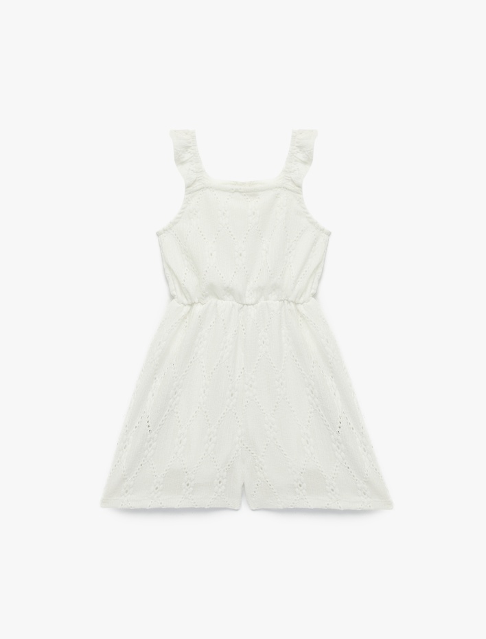 Kız Bebek Fırfır Detaylı Düğmeli Askılı Brodeli Kısa Tulum