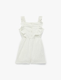 Fırfır Detaylı Düğmeli Askılı Brodeli Kısa Tulum