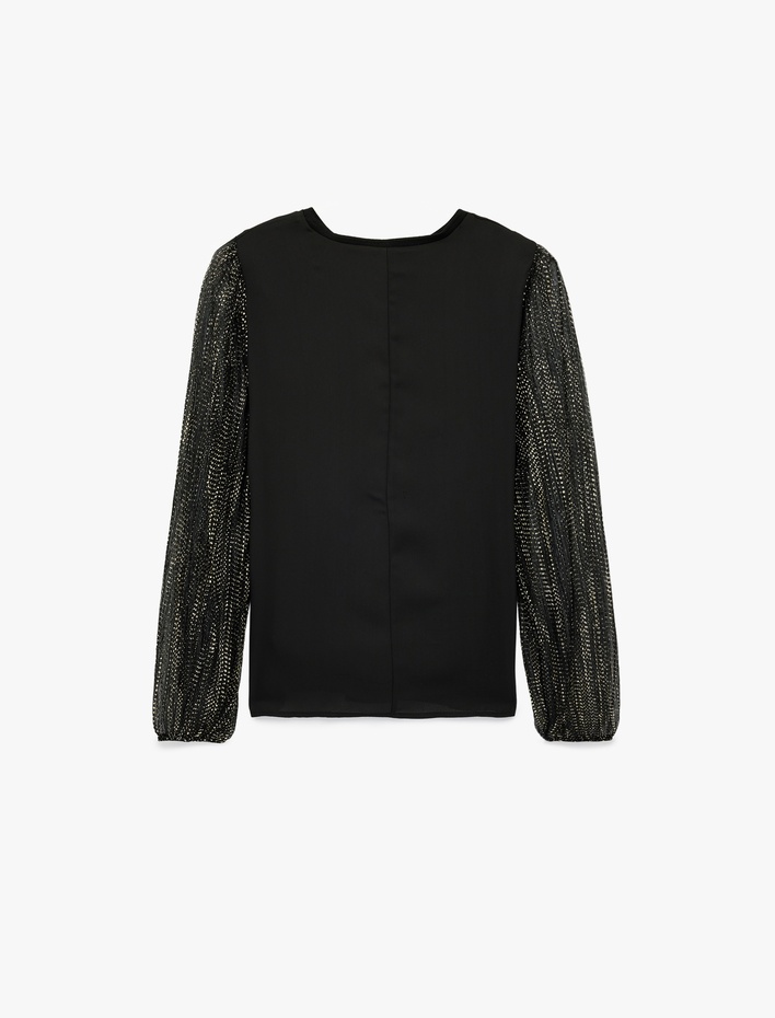  Uzun Kollu Bisiklet Yaka Taş Detaylı Bluz