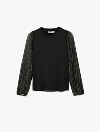 Uzun Kollu Bisiklet Yaka Taş Detaylı Bluz