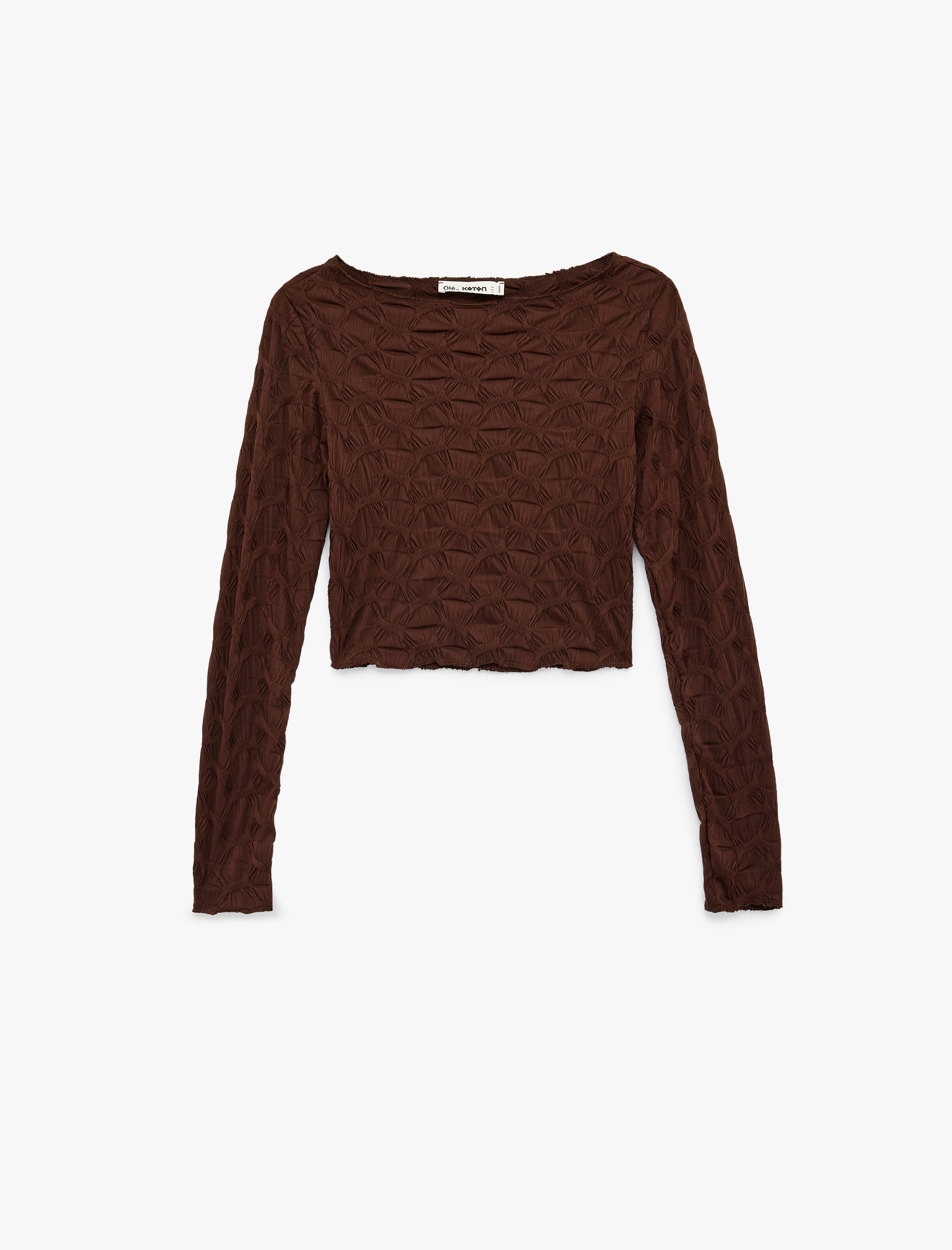   Bürümcük Kayık Yaka Omzu Açık Uzun Kollu Tişört