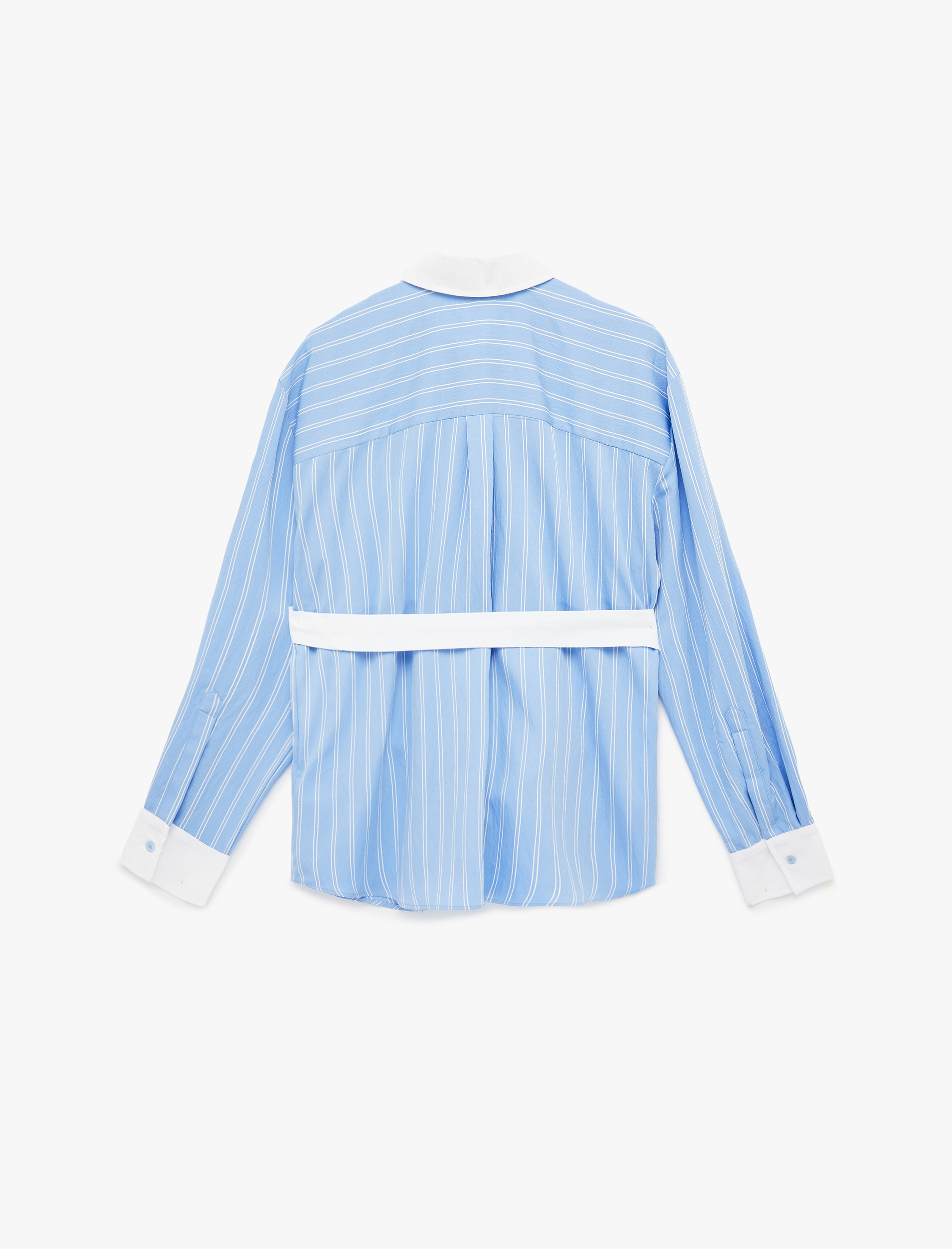   Viskon Kumaş Uzun Kollu Kuşak Detaylı Çizgili Gömlek