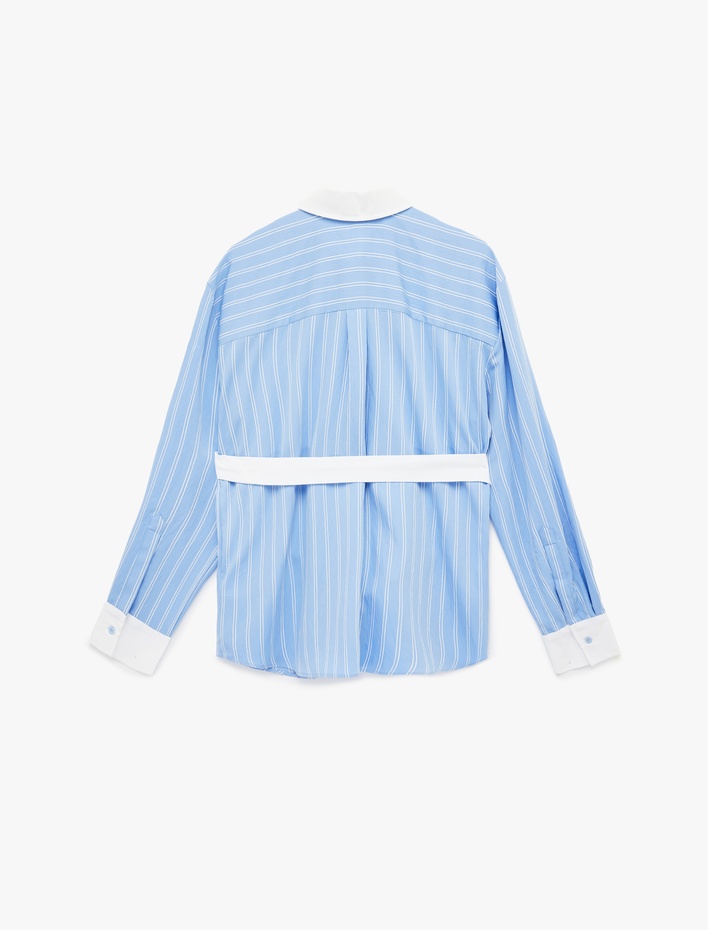  Viskon Kumaş Uzun Kollu Kuşak Detaylı Çizgili Gömlek