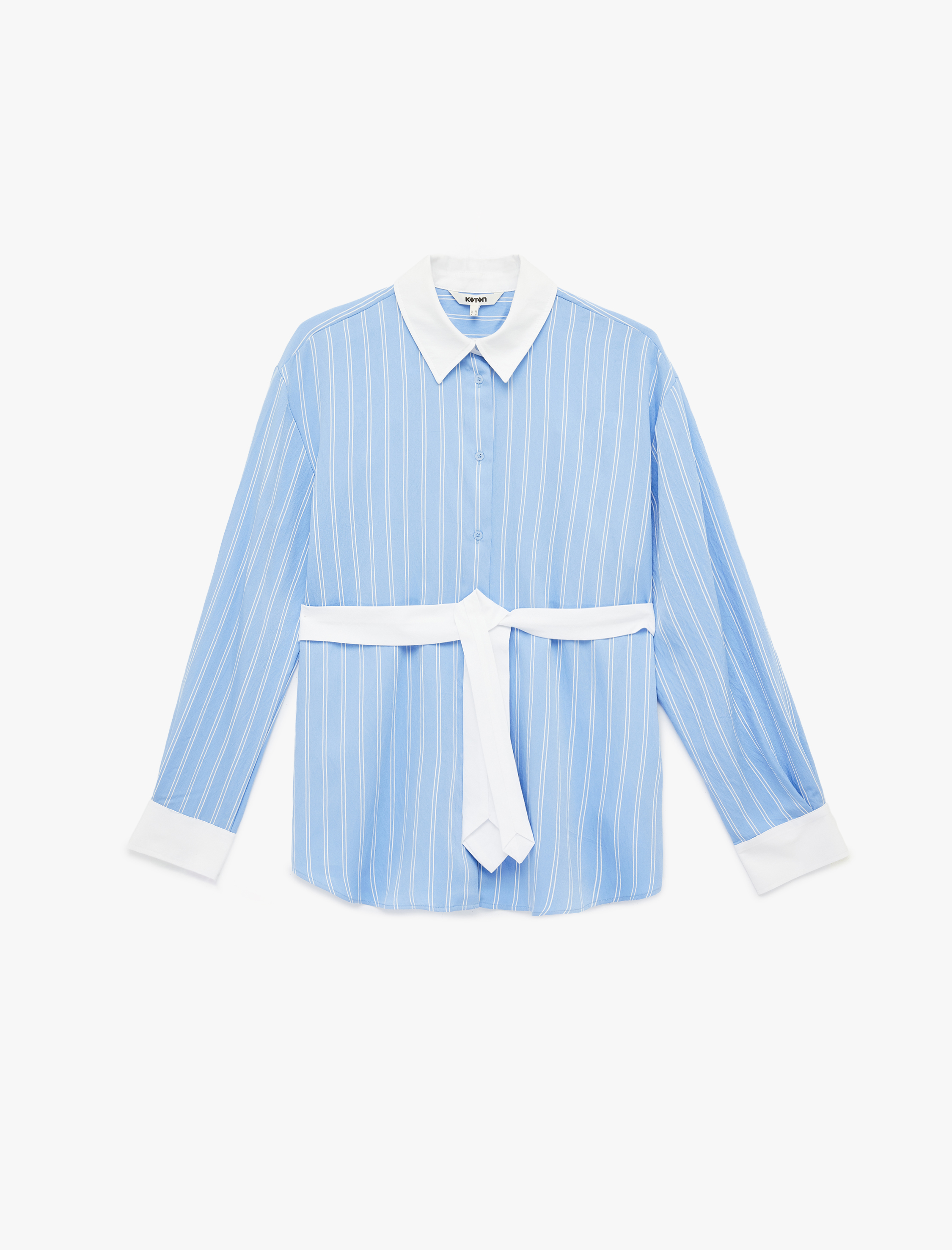   Viskon Kumaş Uzun Kollu Kuşak Detaylı Çizgili Gömlek