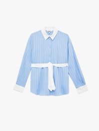 Viskon Kumaş Uzun Kollu Kuşak Detaylı Çizgili Gömlek