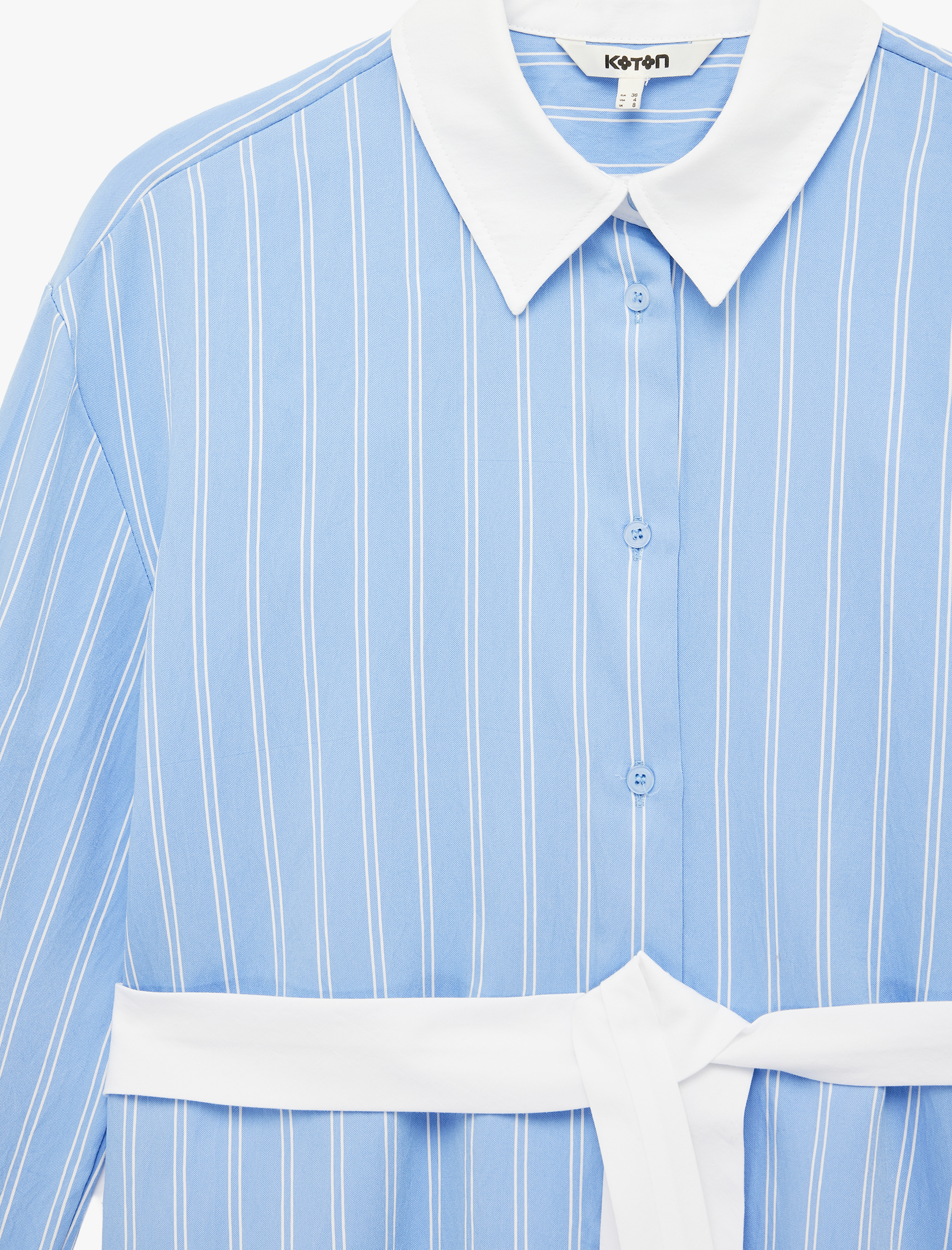   Viskon Kumaş Uzun Kollu Kuşak Detaylı Çizgili Gömlek