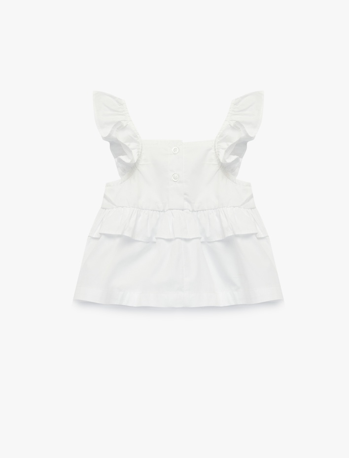 Kız Bebek Pamuklu Fırfırlı Askılı Çiçek Detaylı Kare Yaka Poplin Bluz