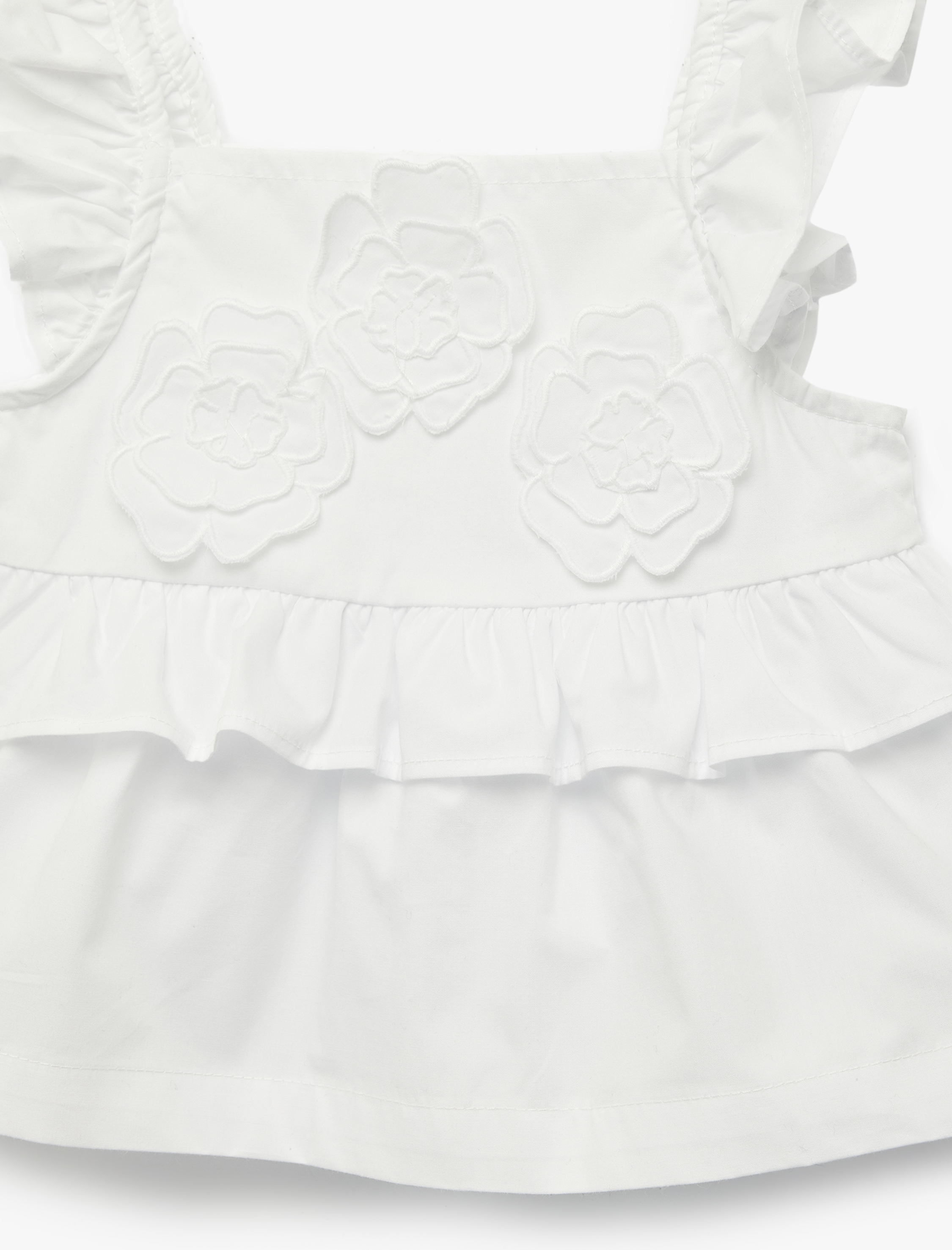  Kız Bebek Pamuklu Fırfırlı Askılı Çiçek Detaylı Kare Yaka Poplin Bluz