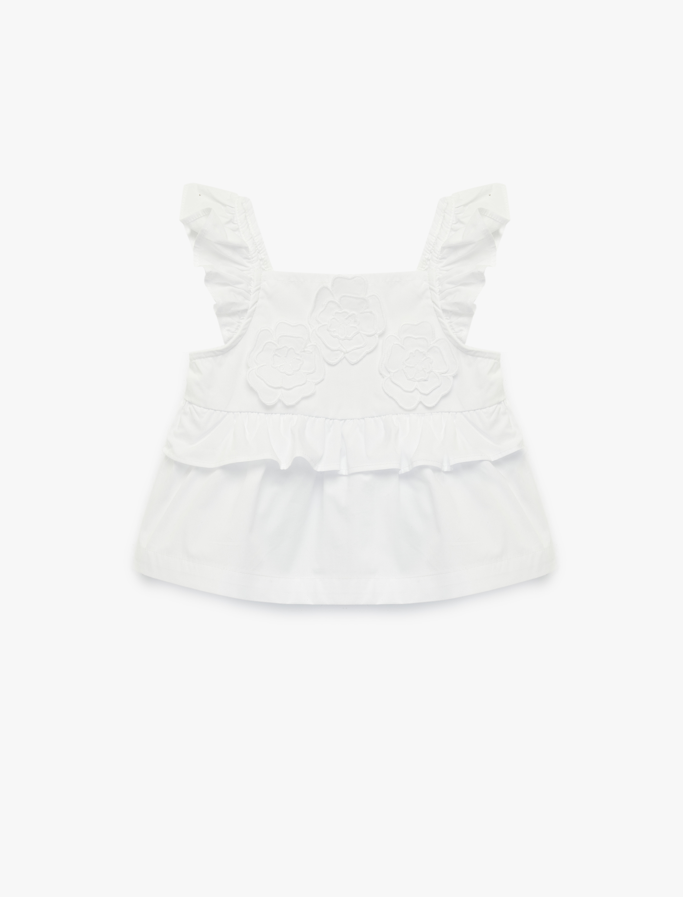  Kız Bebek Pamuklu Fırfırlı Askılı Çiçek Detaylı Kare Yaka Poplin Bluz