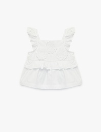 Pamuklu Fırfırlı Askılı Çiçek Detaylı Kare Yaka Poplin Bluz