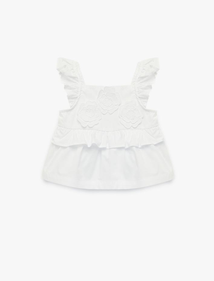 Kız Bebek Pamuklu Fırfırlı Askılı Çiçek Detaylı Kare Yaka Poplin Bluz