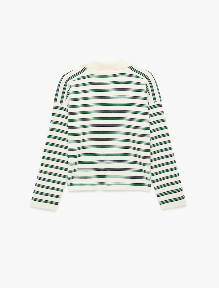  Uzun Kollu Polo Yaka Çizgili Oversize Triko Kazak