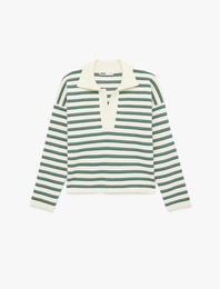 Uzun Kollu Polo Yaka Çizgili Oversize Triko Kazak