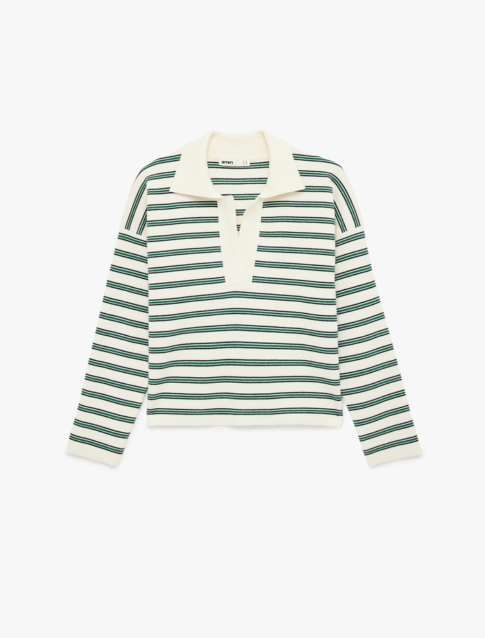  Uzun Kollu Polo Yaka Çizgili Oversize Triko Kazak