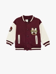 Uzun Kollu Cepli Renk Kontrastlı Baskılı Oversize Kolej Yaka Bomber Ceket