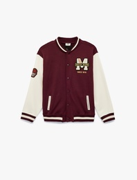 Nakışlı Cepli Renk Bloklu Uzun Kollu Bisiklet Yaka Kolej Ceket