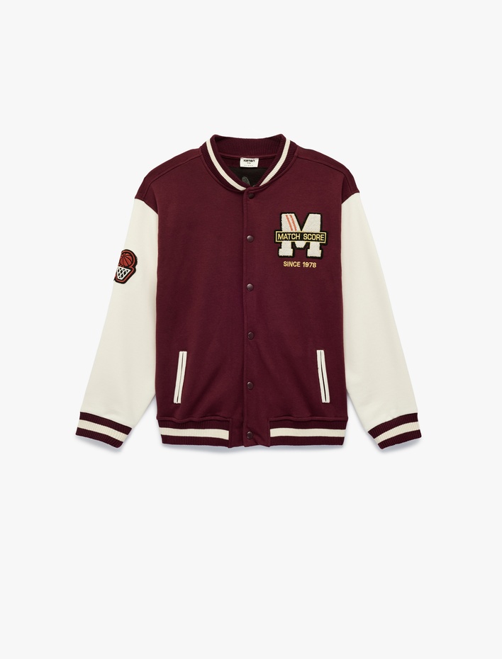 Erkek Çocuk Nakışlı Cepli Renk Bloklu Uzun Kollu Bisiklet Yaka Kolej Ceket