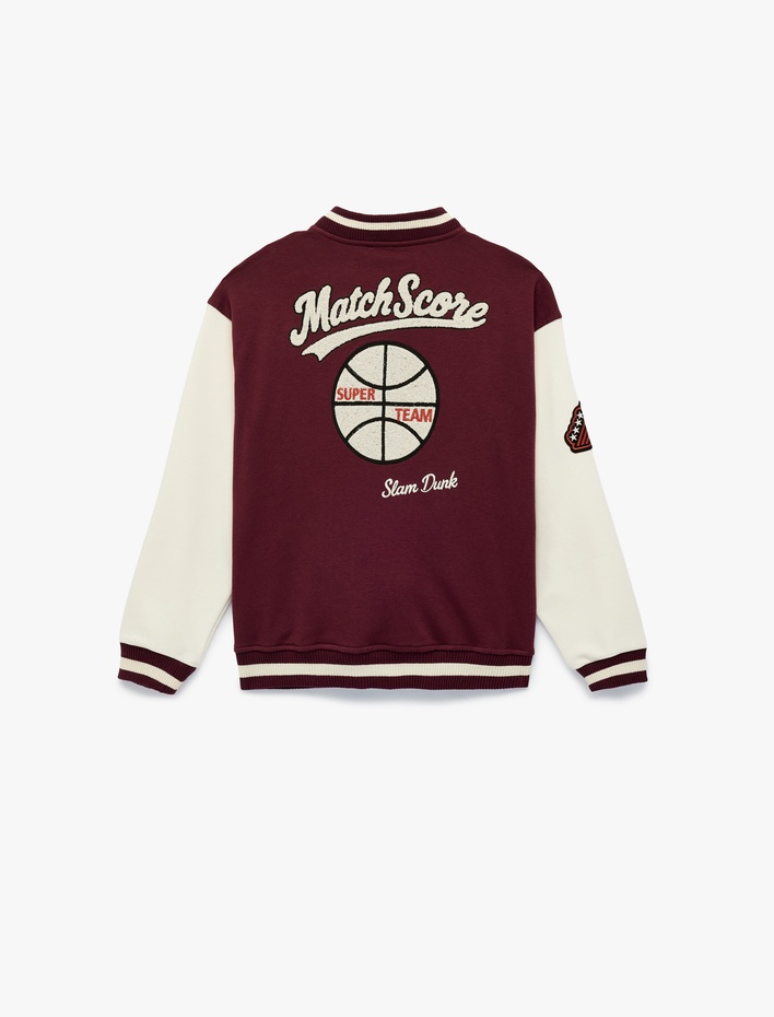 Erkek Çocuk Nakışlı Cepli Renk Bloklu Uzun Kollu Bisiklet Yaka Kolej Ceket