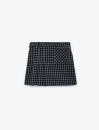 Cepli Pile Detaylı Mini Ekose Şort Etek