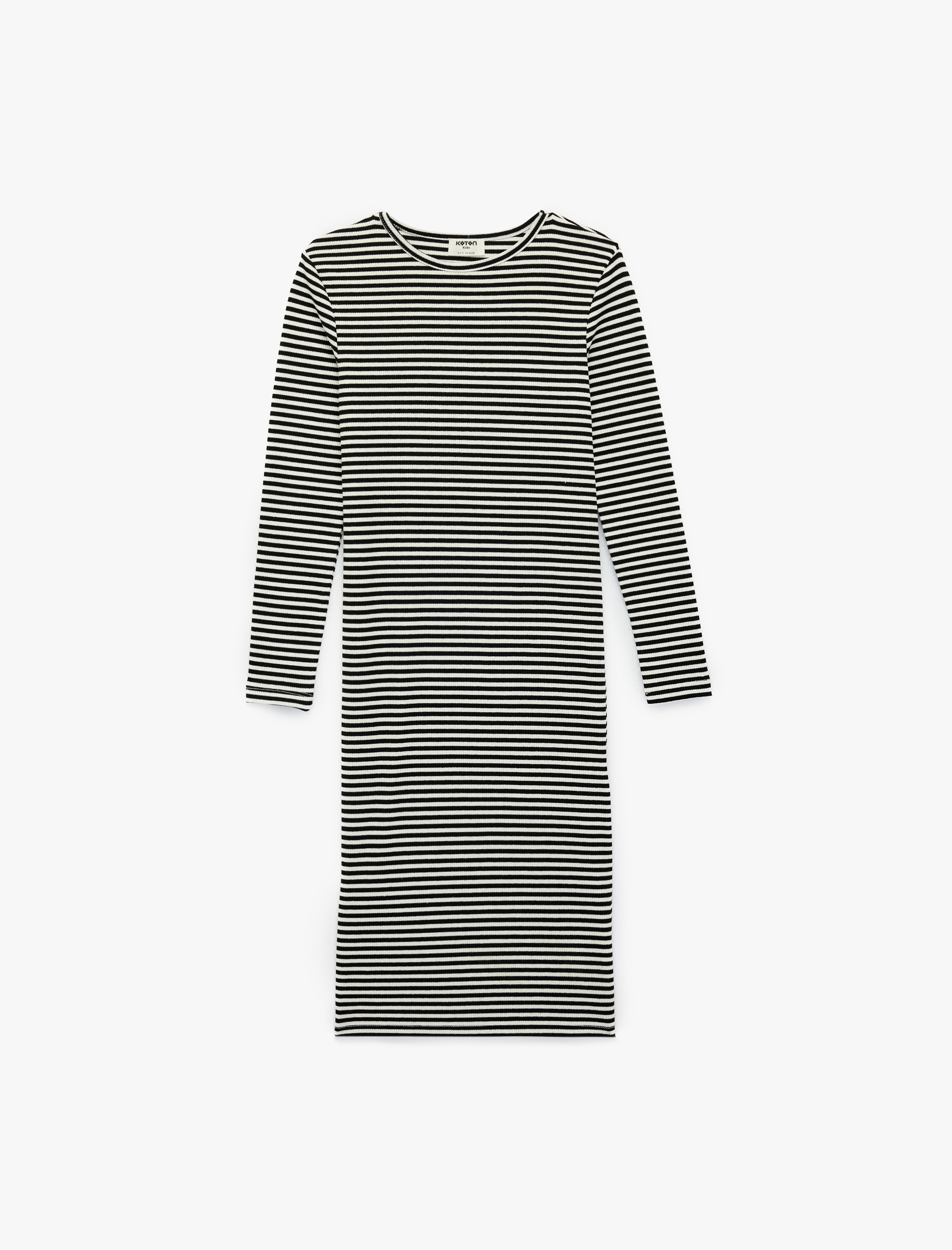  Kız Çocuk Uzun Kollu Bisiklet Yaka Çizgili Midi Elbise