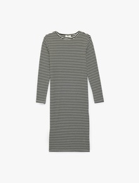 Uzun Kollu Bisiklet Yaka Çizgili Midi Elbise