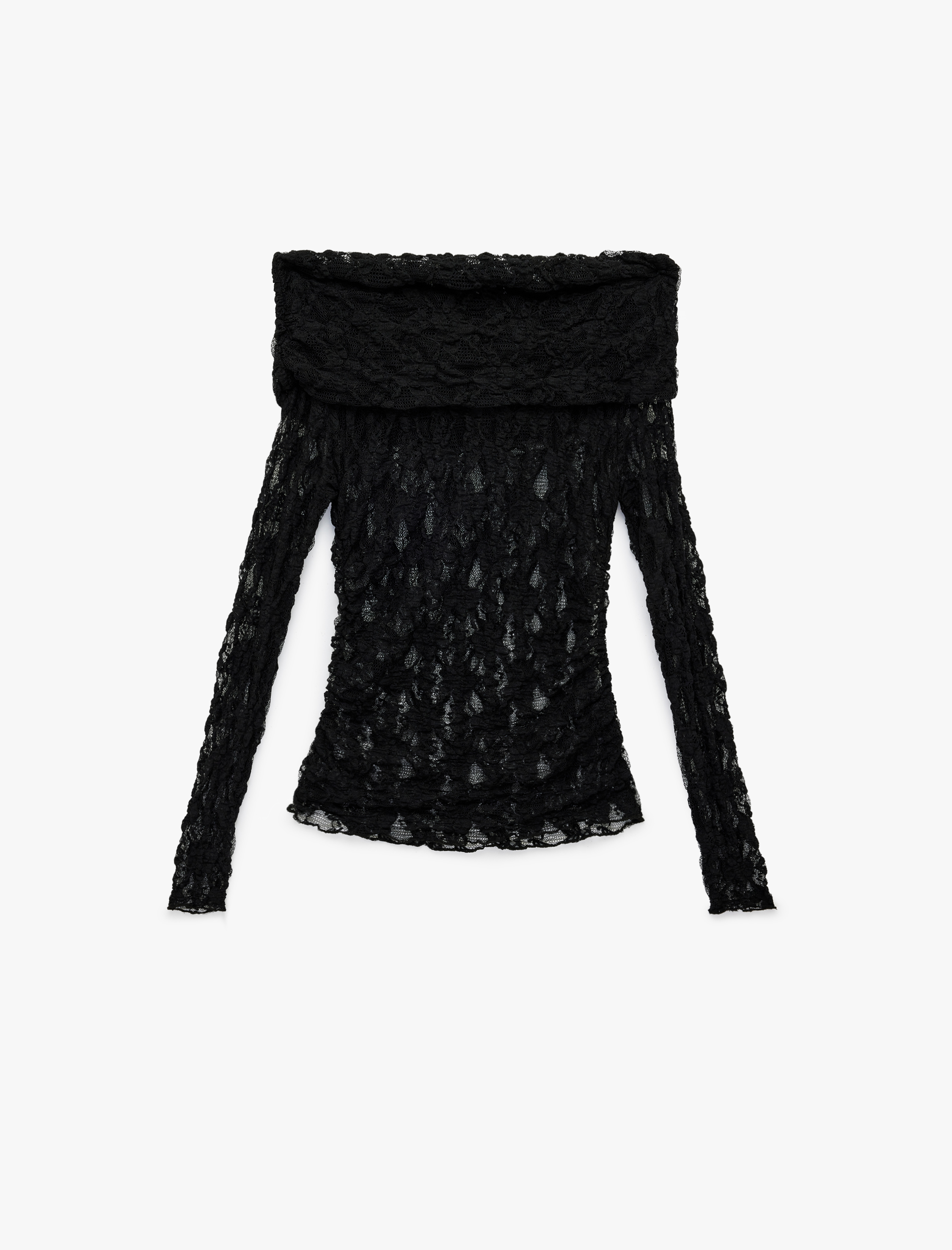   Slim Fit Yarı Transparan Uzun Kollu Omzu Açık Dantel Bluz