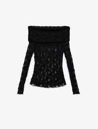 Slim Fit Yarı Transparan Uzun Kollu Omzu Açık Dantel Bluz