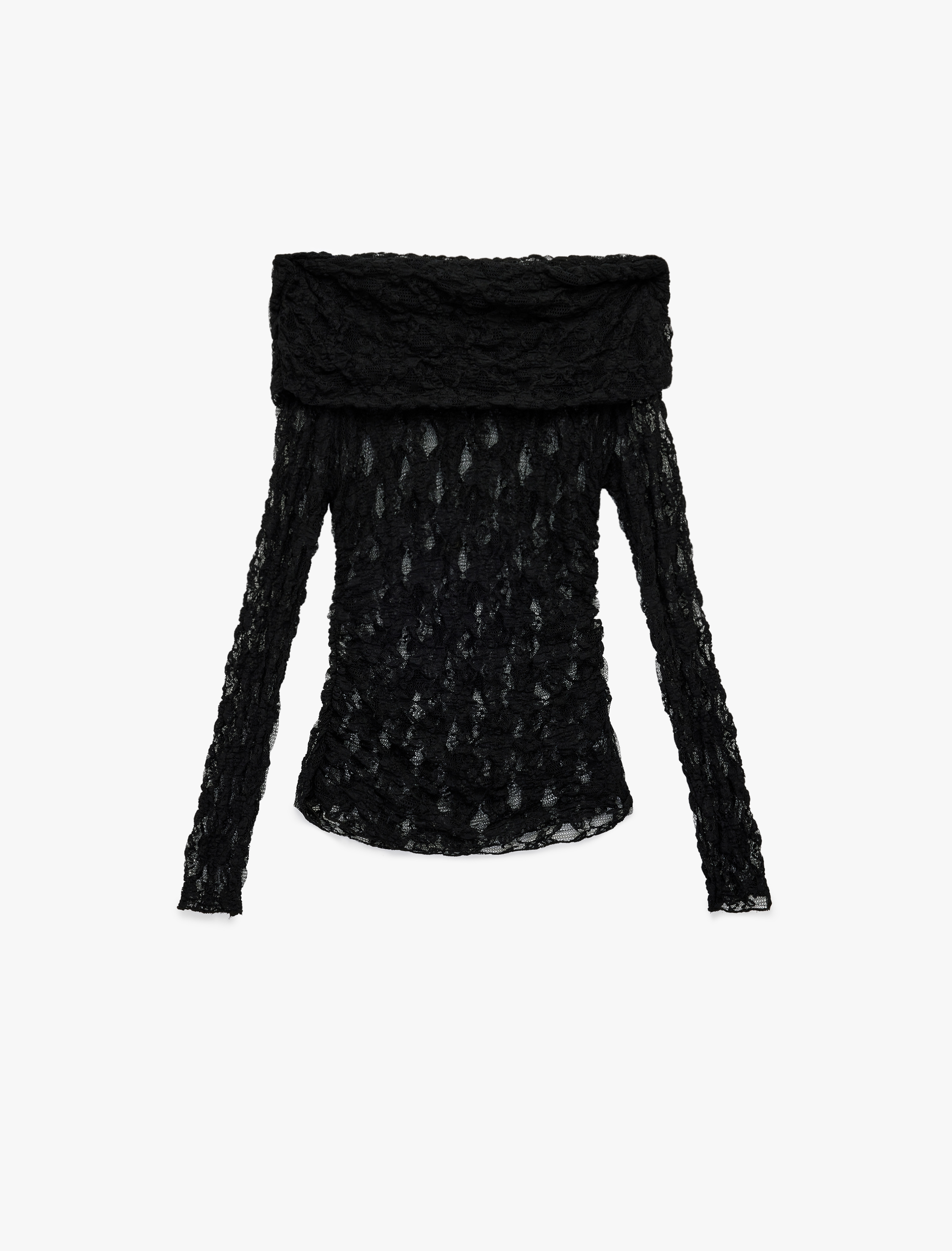   Slim Fit Yarı Transparan Uzun Kollu Omzu Açık Dantel Bluz