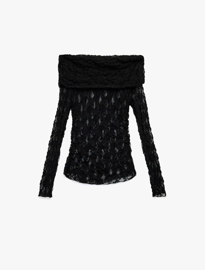  Slim Fit Yarı Transparan Uzun Kollu Omzu Açık Dantel Bluz